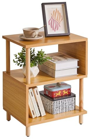 Aibiju Mesita de Noche de Madera con Estante Abierto, mesita de Noche con Patas de Madera Maciza, Mesa Auxiliar Junto a la Cama en Forma de S de 3 Niveles, 20 Pulgadas de Altura, Mesa de Gama Alta