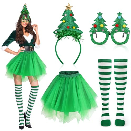 Beipegin Christmas Tree Costume for Women - Green Tutu Skirt, Tree Headband, Glasses - Xmas Fancy Dress