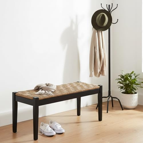 Vintage Entryway Bench, 47 inch Acacia Wood Bench with Woven Seagrass Seat, Entryway Bench, Wicker Benc Indoor for Hallway, End of Bed, Rustic Farmhouse Boho Style, Indoor Decorative Bench (Black)