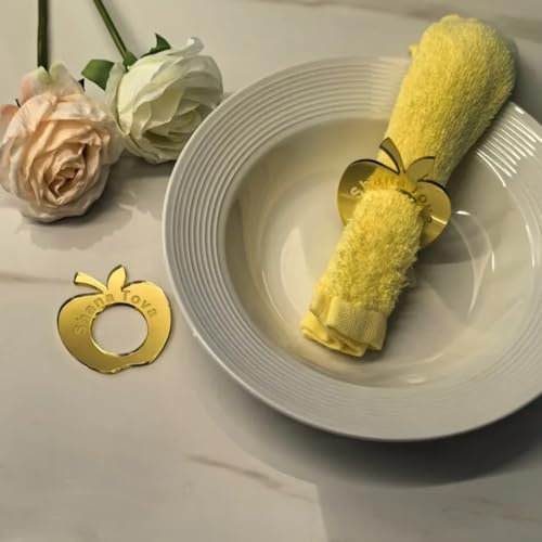 Personalisierter Serviettenring, Acryl, Spiegel, Gold, Apfelform, Serviettenringe für Hochzeiten, Babytaufe, Verlobung, Weihnachten, Tischnamenschild-Dekorationen, Geschenkpapier, Tisch-Platzhalter (1