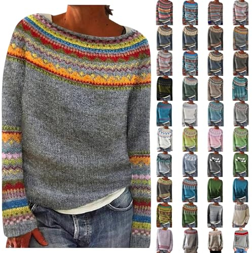 YEBIRAL Damen Winter Norweger Pullover Original Weihnachten Pullover Winter Kaschmir Pullis Langarm Oberteile Elegant Rundhals Casual Warm Winterpullover Strickpullover Jumpers