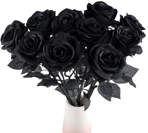 WORUIB 10 Pcs Black Silk Artificial Roses, 52cm Fake Black Rose Bridal Bouquet for Wedding, Home Party, Hotel Garden Decoration