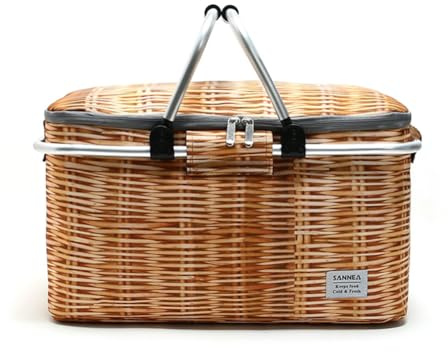 GreatRise Cestino da picnic con soleggiamento, cestino in vimini, pieghevole, 25 l, borsa termica termica, cestino refrigerante, pieghevole, per il pranzo, per viaggi, picnic