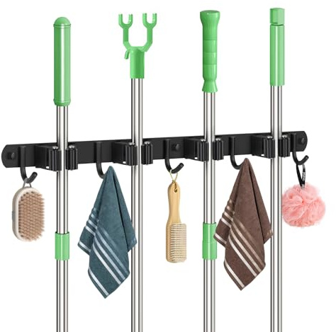 Sampoes Besenhalterung Wand, Besenhalter Edelstahl mit 4 Halter und 5 Haken, Gartengerätehalter Wandhalterung Besen Aufhängung, Besen Mop Halter für Badezimmer, Küche, Garage, Garten, Schwarz
