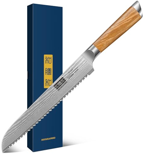 HOSHANHO Bread Knife 8 Inch, Damascus Steel Bread Kitchen Knife with Ergonomic Olive Wood Handle, Professional Ultra-Sharp Serrated Knife for Homemade Bread, Sourdough Bread Cutting