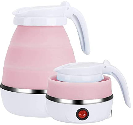 Foldable Electric Kettle for Travel, Portable Collapsible Silicone Boiler, Tea/Coffee Maker with Detachable Power Cord, Ideal for Outdoor Hiking, Caravan, and Bedroom Use (Pink)