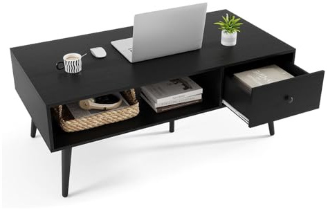 GYMAX Mobile Porta TV in Stile Retrò con Cassetto, Tavolino Rettangolare con 4 Gambe di Legno di Pino, Mobile Multifunzionale per TV con 2 Ripiani, Ideale per Soggiorno, Camera da Letto (Nero)