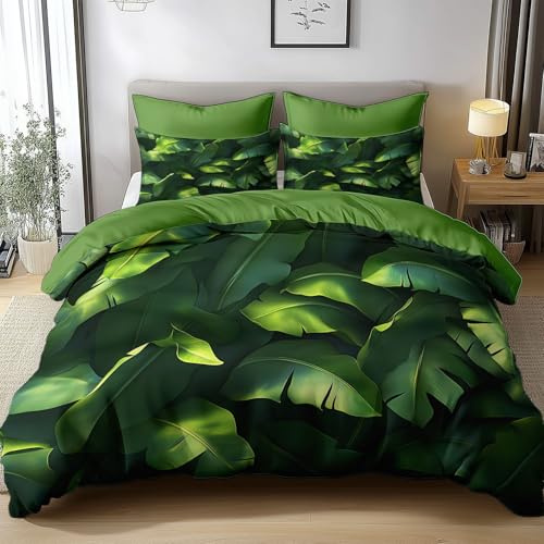 Générique Housse De Couette 240x260 Cm Feuille De Bananier Tropicale Verte 3 Pièces Housse De Couette 1/2 Personne Literie En Polycoton Super Douce Et Respirante
