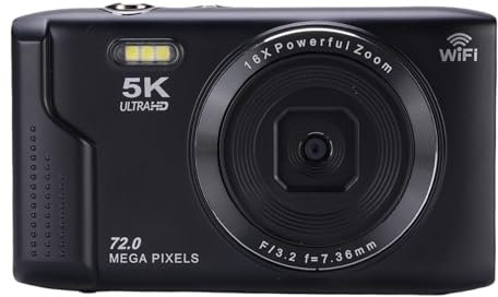 Fotocamera Digitale 5k per Fotografia, Fotocamera Wifi Zoom 16x Autofocus con Schermo LCD da 2,8 Pollici, Videocamera Portatile da 72 MP con Luce Flash per Viaggi (BLACK)