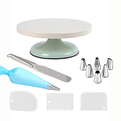 Cake Turntable Decorating Kit, Enhanced Rotating Cake Stand with 3 Icing Scraper, Piping Bag and Tips Set, Stainless Steel Icing Spatula for for Baking, Pastry Icing Patterns Light Green