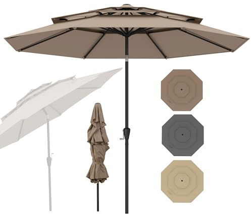 RELAX4LIFE Parasol Droit Inclinable 3M | Parasol de Jardin Extéieur 3M | Toit Ventilé à 3 Couches | Inclinaison 30° | 8 Baleines | Manivelle | Protection Solaire pour Balcon Terrasse (Marron)