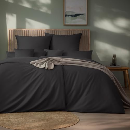 ESTELLA Mako-Satin Bettwäsche Set, 135x200 cm + 80x80 cm, Anthrazit | 100% Baumwolle, Deutsche Marke, Garantie Reißverschluss, Moderene Farben