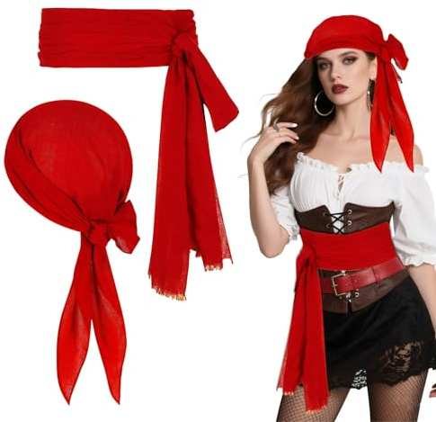 FUIPVGI Pirate Accessories,Rotes Bandana und Schärpe,Renaissance-Piratenkapitän-Kostüm für Kinder und Erwachsene,für Bühnenauftritte Maskenball Cosplay Piratenparty Halloween(Rot)