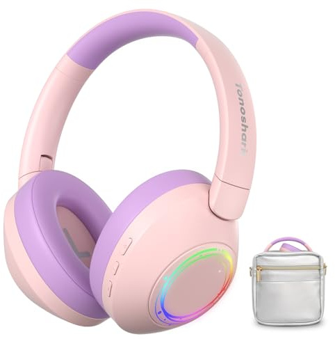 TONOSHARK Kopfhörer Kinder Bluetooth | Noise Cancelling Kopfhoerer Kinder | Bunte RGB LED Leuchte, 60h Spielzeit, Bluetooth 5.4, Headset Over Ear, Für Zuhause/Schule, Inkl. Kopfhörer Case (Rosa-Lila)