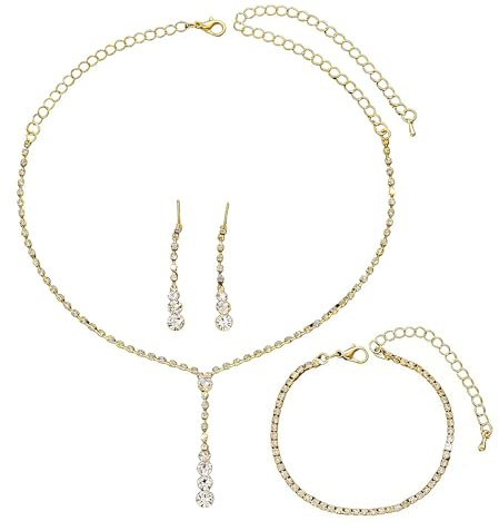 XFSRG Elegantes Schmucksets für Damen zur Hochzeit Strass Halskette Ohrringe und Armband Schmuck Set mit Zirkonia Braut und Brautjungfer Schmuckset (Gold)