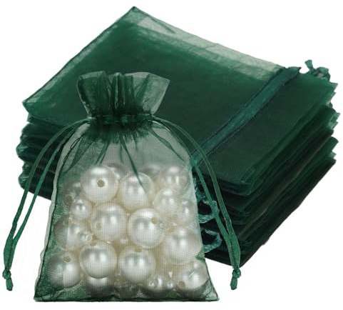 jijAcraft Dark Green Organza Gift Bags: 7x9cm Small Organza Pouches, 50Pcs