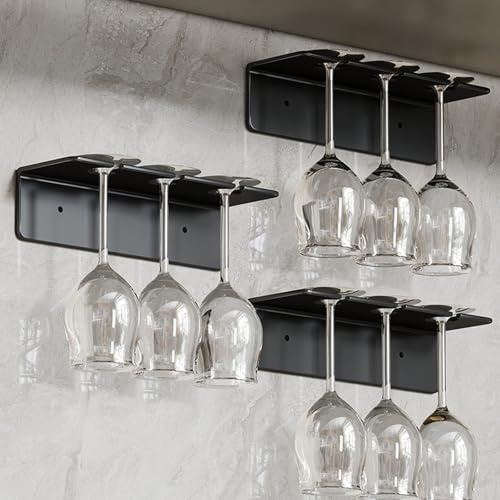 Mxdzshy 3 Piezas Soporte Para Copas de Vino Pared Soporte Copas Colgante Autoadhesivo Estante para Copas de Vino Metal Colgador de Copas Armario Cuelga Copas para Bar Cocina Restaurante (Negro)