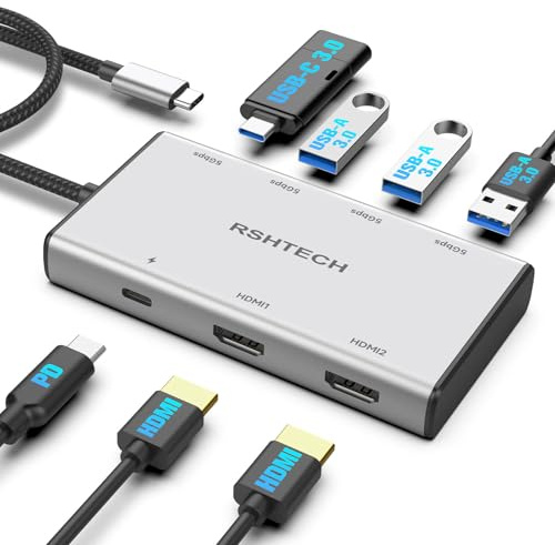 RSHTECH USB C Hub Dual HDMI 4K@60Hz, 7-in-1 Docking Station Dual Monitor | Aluminum USB Dock with 2x 4K HDMI, 4x USB 3.0 Data Ports (3A+1C) and 100W PD for USB-C/Thunderbolt Port Laptops (RSH-H2C1)
