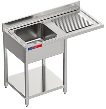 Fregadero Industrial con Hueco para Lavavasos en Acero Inoxidable, 1 Seno + Escurridor, 120x60x85cm, Balda inferior, Peto y Patas Regulables (Sin Grifo, Seno Izquierda)