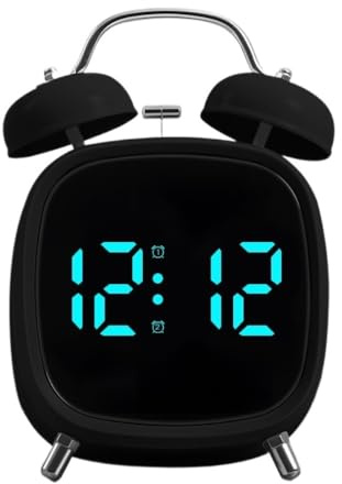 lluoqian Living Room Sveglia meccanica con suono di campanello - Sveglia for chi dorme profondamente, sveglia vocale con display LED silenzioso(Obsidian Black Blue Text)