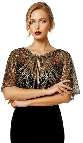 Sunnyshopday 1920-talet Gatsby vintage paljett pärlstickad nätsjal för kvinnor, elegant Bolero cape wrap, pärlad aftonjacka, bröllop och cocktailklänning täcka upp, BlackGold002, en storlek
