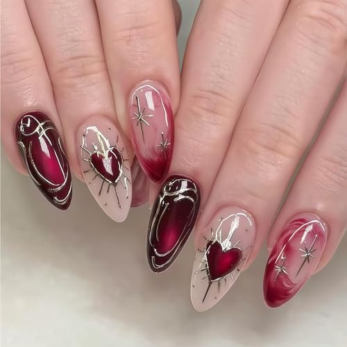 Tastetreasure 24 Stück Valentinstag Press-On Nägel Mandel/Stiletto, Burgunder Cat Eye & Gold Herz Fake Nägel, Rote Liebe Stick On Nägel, Elegante Lange Kunstnägel für Damen