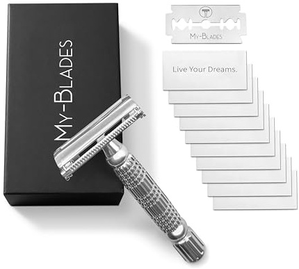 Set Rasoio di Sicurezza Premium con 10 Lamette – Manico in Metallo, Sistema a Farfalla, Confezione Regalo Elegante, Ideale per Principianti e Professionisti