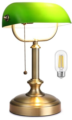 LOFOB Banker-Schreibtischlampe mit grünem Glasschirm, Antik-Bronze, Zugkettenschalter, Plug-in, Metall, für Büro und Arbeitszimmer
