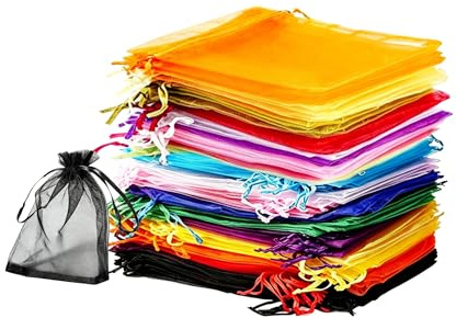100 Stück Organzasäckchen 10x15 cm Bunt, Organzabeutel mit Kordelzug für Schmuck, Kleine Geschenksäckchen für Hochzeit Geburtstag Party, Säckchen zum Befüllen für Lavendel und Süßigkeiten