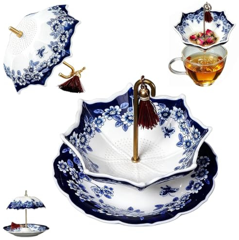 Infuseur à thé en céramique en forme de parapluie – Filtre à thé en porcelaine pour thé en vrac avec design rotatif à 360 °, trous fins, fait à la main, bleu et blanc, infuseur à thé pour la maison