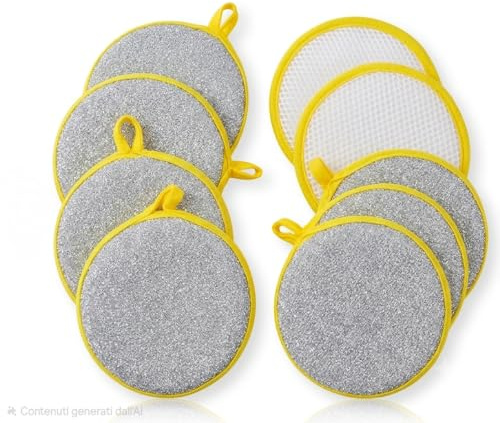Set da 10 Spugne Abrasive Lavabili in Microfibra e Filo d’Acciaio, Spugnette per Piatti Antigraffio Bifacciali, Dischetti per Pulizia Cucina, Pentole e Stoviglie, Bordo Giallo