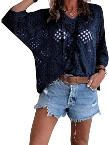 Cardigan Donna,Maglione Copricostume da Donna Lavorato All'Uncinetto con Maniche A Pipistrello Traforate Pullover Estivo Leggero da Spiaggia Maglione Boho Ampio in Rete Per Festival E Resort Blu Nav
