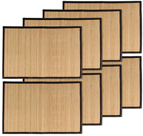 BambooMN Bamboo Slats Placemat with Fabric Border - Solid Colour Print - 17.5 x 12 - Brown with Black Border, 8 pcs