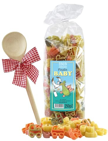 Bull & Bear bunte Kinderwagen Nudeln, 250g, Motivnudeln aus Hartweizengrieß, handgefertigt in deutscher Manufaktur, Pasta Geschenk, inkl. Holzlöffel