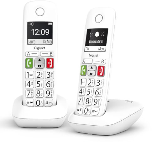 Gigaset E290 Duo - Dos Teléfono DECT Inalámbrico - Botones Grandess - Pantalla Iluminada en Blanco y Negro - Alto Volumen, Blanco [Versión Española]