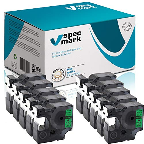 specmark Compatible para DYMO D1 45809 S0720890 cinta de escritura 19 mm x 7 m juego x 10 unidades negro sobre verde compatible con DYMO D1 para impresoras LM Label-Point LW Label-Writer DUO