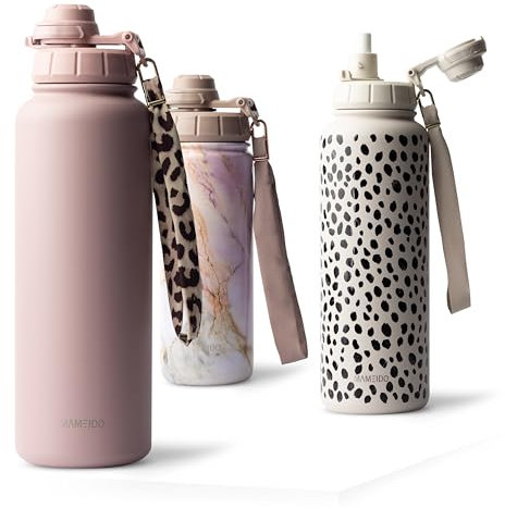 MAMEIDO Thermosflasche mit Strohhalm 1,2l, auslaufsichere Trinkflasche Edelstahl isoliert, Wasserflasche BPA-frei mit Trageschlaufe, Water Bottle Sport (Powder Blush, 1200ml)