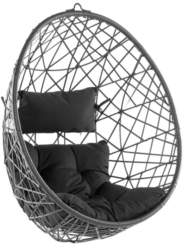 Runder Hängesessel aus Rattan Schwarz inkl. Sitz- u. Kopfkissen Boho Stil Alatri