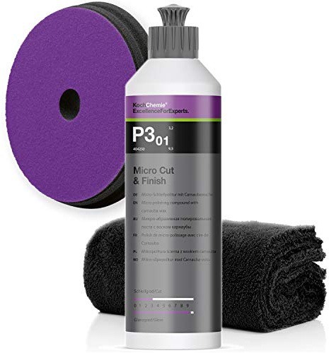 detailmate Koch Chemie Politur Set: MicroCut & Finish P3.01, 250ml + Micro Cut Pad, 150x23mm + Mikrofasertuch 550GSM, 40x40cm