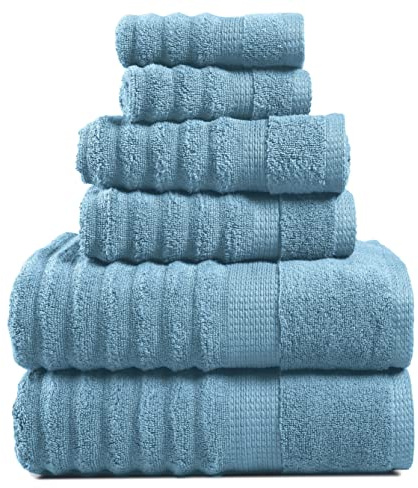 LANE LINEN Cotton Bath Towels Set of 6 - Exclusive Zero Twist - Softer, Quick Dry & Absorbent - 2 Bath, 2 Washcloths, 2 Hand Towels for Bathroom - Durable, Premium Quality & Ideal Gift for Him - Blue