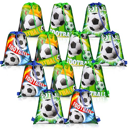 Qpout 12 Stück Fußball-Party-Kordelzugbeutel, 13,2 x 10,6 Zoll Fußball-Rucksack, Kinder Geburtstagsparty Giveaways-Taschen, Fußballparty-Goodie-Süßigkeiten-Süßigkeitsbeutel für Kinder Mädchen Jungen