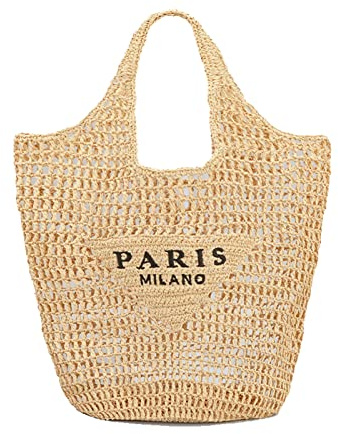 POOOPSSD New Woven Bag, Straw Mesh Tote Bag, Beach, Shoulder Bag, Hobo Women, Foldable Large Capacity, for Holiday, Picnic and Party. (Khaki)