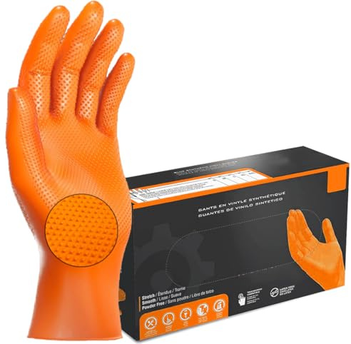 JOMAFA Guantes de Nitrilo DIAMANTADOS GRIP Super resistentes Reutilizables NARANJAS 7 micras / 8´5 gramos, pack de 100 (L (9))
