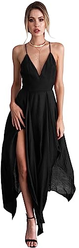 KOEMCY Vestito Donna Eleganti Senza Maniche Scollo a V Bodycon Senza Schienale Vestito Estivo Spaghetti Strap Aderente Vestito con Spacco da Cocktail Festa Party (Nero, S)