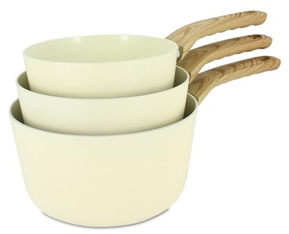 MENASTYL - Lot de 3 casseroles 16/18/20cm avec revêtement antiadhésif céramique (Sans PFAS/Sans PTFE) tous feux dont induction - En Aluminium - Gamme Colorama - Crème - 6014177