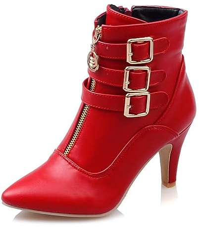 MEOTINA Kitten Heel Ankle Boots Pointed Toe Buckle Heeled Women Red Booties