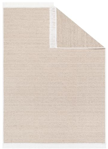 TAPISO Azteca Teppich Kurzflor mit Fransen Baumwolle Beige Creme Waschbar Boho Beidseitig Anwendbar Wohnzimmer Schlafzimmer Fransenteppich Küche ÖKOTEX 140 x 200 cm