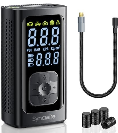 Syncwire Compressore Aria Portatile 10.35BAR Gonfiaggio Più veloce Compressore d'aria Pompa per Pneumatici Car Inflator per Auto, Biciclette, Motociclette, Palloni, con Tappi per Valvola Pneumatici