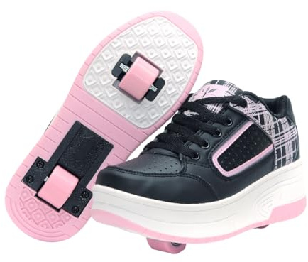 HUSKSWARE Jungen Mädchen Automatisch 2 Räder Skateboardschuhe, Rollschuhe für Kinder Schuhe Mit Doppelt Rollen, Outdoor Fitnessschuhe Sneakers, Schwarz-Rosa, 39 EU
