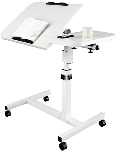WRMING Beistelltisch mit Rollen, Laptoptisch Höhenverstellbar für Sofa Bett | C Form Sofatisch in Weiß, 90° klappbar, 360° drehbar, 60 x 40 cm Tischplatte, mit feststellbaren Rollen für Couch, Wohnzimmer